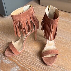 BCBGMaxAzria Cognac Fringed Suede Heels “leather day sandals”